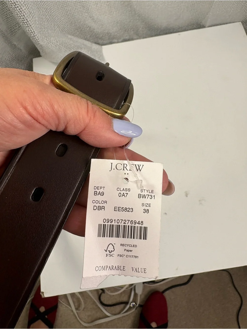 J. Crew Men's Dark Brown Leather Belt with Brass Buckle NWT. Size 38